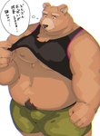 anthro belly big_belly bottomwear brown_body clothed clothing kemono male moobs nipples overweight overweight_male raised_clothing raised_shirt raised_topwear shirt shorts simple_background solo text topwear white_background arufina_w bear mammal 2024 absurd_res hi_res japanese_text