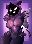 anthro breasts claws clothing eye_scar facial_scar female fur hood looking_at_viewer metal_arm purple_body scar shadow_face simple_background smile solo thick_thighs wide_hips xintro epic_games fortnite raven_team_leader bear mammal ursine 2023 absurd_res digital_media_(artwork) hi_res