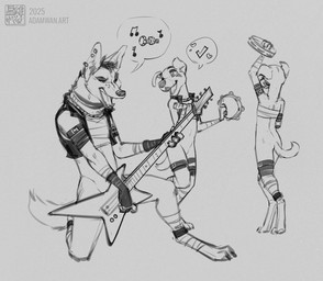 anthro black_clothing black_topwear bottomless butt clothed clothing duo featureless_crotch fingers fur hair handwear holding_tambourine musical_instrument percussion_instrument rocking_out size_difference tambourine teeth tongue topwear young young_anthro zaush canid canine canis domestic_dog mammal 2025 hi_res monochrome pictographics