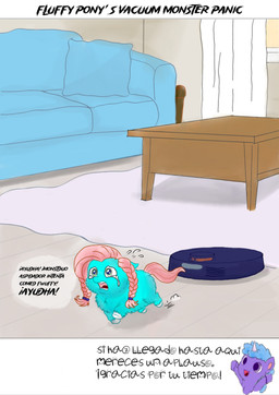 1_horn blue_body blue_fur blue_hair bodily_fluids braided_hair cleaning_tool crying curtains female feral fur furniture hair hooves horn inside open_mouth pink_hair purple_body purple_eyes purple_fur running running_away scared sofa table tears teeth text vacuum_cleaner white_hooves young young_female young_feral sorrystickpro fluffy_pony roomba fluffy_pony_(species) mammal hi_res spanish_text translated
