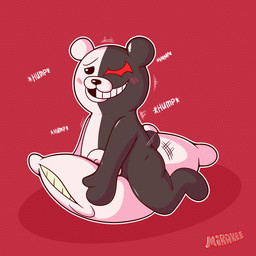 anthro black_body black_fur black_nose blush dry_humping fur grinding half-closed_eyes humping male masturbation multicolored_body narrowed_eyes navel pillow pillow_humping solo tail teeth thick_thighs two_tone_body white_body white_fur mirakee danganronpa spike_chunsoft monokuma bear mammal hi_res
