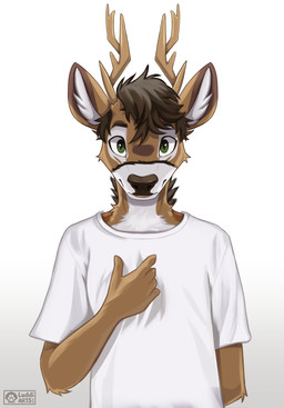 5_fingers anthro antlers brown_body brown_fur brown_hair clothing fingers front_view fur gesture green_eyes hair hand_behind_back hand_gesture horn inner_ear_fluff looking_at_viewer male multicolored_body multicolored_fur pointing pointing_at_self shirt simple_background solo t-shirt topwear tuft two_tone_body two_tone_fur white_background white_body white_clothing white_fur white_shirt white_topwear luddiarts deer mammal 2026 absurd_res hi_res meme