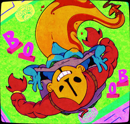 ahoge areola black_border black_eyes blue_body border braided_pigtails breasts empty_eyes female front_view genitals ghost_tail green_background hair looking_at_viewer nipples red_hair simple_background solo upside_down vulva wide_hips yellow_areola yellow_body yellow_nipples kumoken ena:_dream_bbq mitu_(ena) humanoid