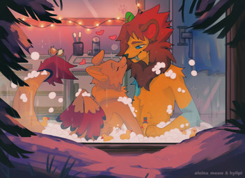 anthro bathing bathing_together bathroom blue_eyes blush brush bubble_bath cheek_tuft detailed_background duo eyes_closed facial_tuft fangs feathered_wings feathers fur inside light lights looking_at_another male mirror orange_body orange_fur rubber_duck string_lights teeth text toothbrush tuft window wings hyilpi oleina_meaw mammal 2022 artist_collaboration artist_name digital_media_(artwork) lighting