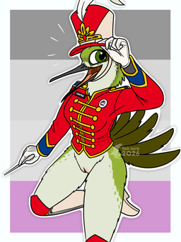 anthro asexual_pride_colors boots bottomless bottomless_female casual_exposure clothed clothing conducting_baton excited female footwear formal_wear genitals gloves handwear hat headgear headwear knee_highs legwear lgbt_pride marching_band_uniform name_tag pride_colors shoes solo tipping_hat vulva fish_birb ambient_among_us among_us innersloth sarah_(fish_birb) apodiform avian bird hummingbird absurd_res hi_res