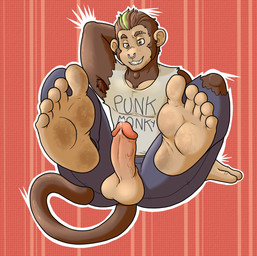5_toes alternative_fashion anthro armpit_hair balls body_hair bottomwear clothing dirty dirty_feet erection eyebrow_piercing facial_piercing feet foot_focus genitals highlights_(coloring) humanoid_feet male nose_piercing pants penis piercing plantigrade punk shirt smile soles solo tank_top toes topwear torn_bottomwear torn_clothing torn_pants torn_shirt torn_topwear vein veiny_penis blueballs haplorhine mammal monkey primate