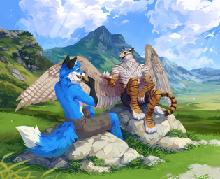 anthro beak blue_body blue_eyes blue_fur blue_sky bottomwear cheek_tuft clothed clothing duo facial_tuft fangs feathered_wings feathers fluffy fluffy_tail front_view fur grass grey_beak grey_bottomwear grey_clothing grey_pants light light_beam male mountain neck_tuft open_mouth outside pants plant rock shrub sitting sky striped_arms striped_legs sunbeam sunlight tail tan_body tan_feathers tan_wings teeth three-quarter_view topless tuft unsigned white_body white_fur wings yellow_eyes corzh77 avian canid canine felid fox hybrid mammal pantherine tiger absurd_res hi_res