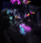 anthro armor blue_eyes blue_penis blush blush_lines duo frottage genitals horn machine magenta_fur magenta_penis male male/male open_mouth penile penis purple_eyes sex spread_legs spreading rosepancakes lunar_abyss canid mammal protogen scalie hi_res