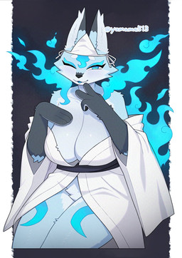 anthro big_breasts blue_body breasts clothed clothing female fur kemono looking_at_viewer simple_background smile solo yamame513 yuurei-chan canid canine fox ghost mammal spirit yurei hi_res