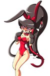 accessory black_hair blush bow_ribbon bow_tie bunny_costume clothed clothing costume fake_ears fake_rabbit_ears female hair hair_accessory red_bow red_clothing red_eyes red_outfit simple_background smile white_background lucyfercomic nintendo pokemon fan_character gaghiel generation_3_pokemon humanoid mawile pokemon_(species) 2:3 absurd_res hi_res