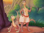 anthro anthrofied clothed clothing duo feral looking_at_another male outside slightly_chubby trias dinosaurs_inc. don_bluth the_land_before_time littlefoot apatosaurus dinosaur diplodocid prehistoric_species reptile sauropod sauropodomorph scalie 4:3 crossover full-length_portrait hi_res portrait