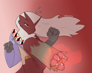 anthro biped blaze_kick blazikenite evolutionary_stone fire fist hair kick male martial_arts mega_stone on_one_leg pokemon_move red_body red_eyes solo standing white_hair ferrissimulator nintendo pokemon avian bird blaziken chicken galliform generation_3_pokemon phasianid pokemon_(species) 5:4 digital_media_(artwork) hi_res portrait red_theme three-quarter_portrait