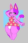 anthro blush bulge clothing floral_print fur hand_behind_head male purple_body purple_fur simple_background smile solo thick_thighs underwear reddrago animal_crossing nintendo bob_(animal_crossing) domestic_cat felid feline felis mammal hi_res