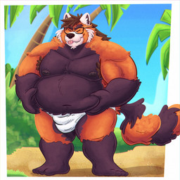 anthro belly big_belly black_body bulge clothing eyes_closed male moobs nipples orange_body overweight overweight_male palm_tree plant solo standing swimwear tree 06betos11 ailurid mammal red_panda 1:1 2026 hi_res
