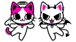 :3 ambiguous_gender anthro blep chibi collar duo horn simple_background superflat tail tongue tongue_out white_background wings cyberneko angel demon domestic_cat felid feline felis mammal