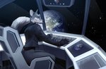 anthro blue_eyes clothed clothing cockpit earth female fully_clothed fur futuristic grey_body grey_fur planet science_fiction sitting solo space spacecraft starscape touchscreen vehicle plgdd canid canine fox grey_fox mammal urocyon hi_res