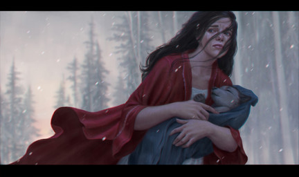 ambiguous_gender bodily_fluids carrying_another cloak clothing cradling crying duo female feral front_view neonate plant running snow snowing tears tree wind young young_ambiguous young_feral terry_grimm canid canine canis human mammal wolf digital_media_(artwork) digital_painting_(artwork) half-length_portrait letterbox painting_(artwork) portrait