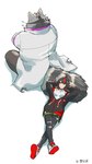 anthro black_hair brown_body brown_fur clothing coat duo female fur hair lab_coat lying male on_back tail tail_pillow topwear seikeikei2015 lifewonders live_a_hero sensettia viscunam human mammal procyonid raccoon hi_res