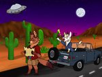 anthro biped cactus detailed_background duo exclamation_point full_moon horn male map moon night outside plant ufo vehicle wheel goldiescales anthony_(goldiescales) bovid bovine canid canine canis cattle coyote mammal 2018 4:3 story story_in_description trans_(lore) trans_man_(lore)