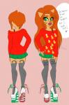 clothing duo fangs female green_eyes hair holidays legwear lips orange_hair sweater teeth text thigh_highs topwear msmizu christmas mattel monster_high toralei_stripe animal_humanoid cat_humanoid felid felid_humanoid feline feline_humanoid humanoid mammal mammal_humanoid werecat werecreature werefelid werefeline english_text hi_res