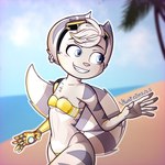 anthro bangs beach breasts clothing cybernetic_arm cybernetic_limb day detailed_background ear_piercing ear_ring eyebrow_through_hair eyebrows eyelashes eyewear eyewear_on_head female fur goggles goggles_on_head hair mechanical_arm one-piece_swimsuit outside piercing ring_piercing small_breasts solo striped_body striped_fur stripes swimming_goggles swimwear tail translucent translucent_clothing translucent_hair translucent_swimwear white_body white_fur viwhi_art golden_week gris_swimsuit meme_clothing ratchet_and_clank sony_corporation sony_interactive_entertainment rivet_(ratchet_and_clank) lombax mammal 1:1 hi_res meme signature