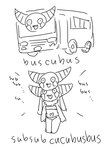 2_heads 2_horns 4_horns belly belly_markings bibi_(o-den) bra bus clothing commercial_vehicle demon english_text head_tuft heart_(marking) horn long_ears markings monochrome multi_head multi_horn neck_tuft o-den open_mouth panties pupils small_pupils succubus text tuft underwear vehicle wheels