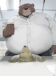 anthro belly brown_body brown_fur clothing dress_shirt duo eyebrows fur lying male male/male office office_clothing office_worker on_back overweight overweight_male shirt thick_eyebrows topwear iwbsb_kuma bear canid canine canis domestic_dog mammal absurd_res hi_res