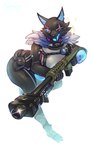 action_pose anthro black_body breasts clothed clothed_female clothing female gun holding_object holding_weapon leaning leaning_forward looking_at_viewer one_eye_closed open_mouth pose ranged_weapon rifle sniper_rifle solo sparkles thick_thighs weapon kalivero epic_games fortnite pack_leader_highwire canid canine canis mammal wolf full-length_portrait hi_res portrait