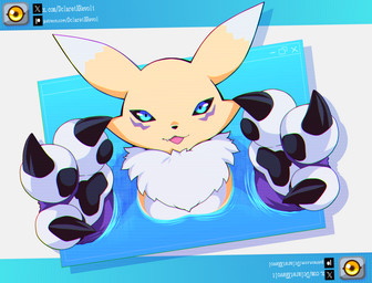 3_fingers ambiguous_gender anthro armwear black_body black_claws black_nose black_pawpads black_sclera blue_background blue_eyes breasts bridal_gauntlets claws clothing countershade_torso countershading digital_space electronics fangs fingers fur fur_markings happy long_ears looking_at_viewer markings monitor motion_lines neck_tuft open_mouth pawpads pink_tongue purple_body purple_clothing purple_fur simple_background smile solo teeth text textured_background tongue tuft website website_logo white_background white_body white_countershading white_fur yellow_body yellow_fur dclaret dclaretxrevolt bandai_namco digimon canid digimon_(species) mammal renamon artist_name colored digital_drawing_(artwork) digital_media_(artwork) shaded url