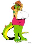 anthro big_breasts blue_eyes bottomwear breasts brown_hair clothing copyright_symbol female green_body green_scales hair heart_symbol horn huge_breasts hyper hyper_breasts non-mammal_breasts open_mouth scales shirt skirt solo symbol tail thick_thighs topwear wide_hips yellow_body yellow_scales deonwolf mythology angela_(badgerben) dragon mythological_creature mythological_scalie reptile scalie wingless_dragon 2009 digital_media_(artwork) hi_res