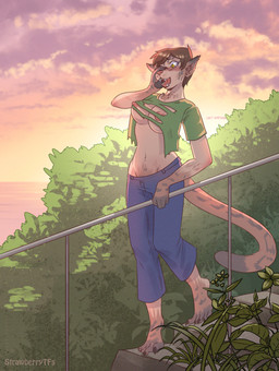 anthro barefoot black_lips bottomwear breasts brown_hair claws clothed clothing denim denim_bottomwear denim_clothing fangs feet female fur hair human_to_anthro jeans leaf lips markings nipples open_mouth outside pants pink_nose plant plantigrade shirt solo species_transformation spots spotted_body spotted_fur stairs sunset t-shirt teeth text toe_claws topwear torn_clothing transformation tree walking whiskers yellow_eyes strawberrytfs felid leopard mammal pantherine artist_name shaded