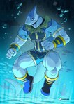 anthro biped blue_clothing bulge clothing detailed_background duo fin male male_anthro muscular muscular_anthro muscular_male muscular_thighs pecs shark_fin shark_tail sharp_teeth simple_background solo solo_focus tail teeth underwater water anjing_kampuss shangri-la_frontier araba_(shangri-la_frontier) ambient_sealife fish marine shark 2025 absurd_res digital_drawing_(artwork) digital_media_(artwork) hi_res
