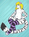 ambiguous_gender anthro blonde_hair clothing hair legwear paws pose slightly_chubby slightly_chubby_anthro solo stockings trashdog420 nyla_(whitekitteh) hi_res pinup nonbinary_(lore) trans_(lore) trans_woman_(lore)