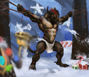 4_ears abs anthro bdsm bell biceps bondage bound brown_body brown_fur candy candy_cane christmas_decorations christmas_lights claws clothing dessert digitigrade feet food fur gift hair holidays horn male multi_ear muscular muscular_anthro muscular_male nipples pecs plant raised_tail red_hair rope snow snowball snowman solo spread_arms spread_legs spreading standing string_light_bondage string_lights tail toes tree triceps underwear winter wintersday epic_soul christmas guild_wars rytlock_brimstone charr felid mammal