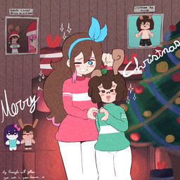 duo female holidays male male/female melancholic pattern_background selfship simple_background size_difference smile white_body white_skin greenstar christmas omori_(game) aubrey_(omori) green_(greenstar) gastropod human mammal mollusk snail 1:1 absurd_res hi_res