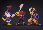 anthro group holding_object male uno_yuuji disney kingdom_hearts square_enix donald_duck goofy_(disney) sora_(kingdom_hearts) anatid anseriform avian bird canid canine canis domestic_dog duck human mammal hi_res