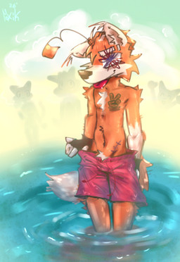 anthro beach clothing femboy gloves half_naked handwear male solo summer swimming_trunks swimwear tattoo water wet roxik trahz canid canine canis fox mammal wolf absurd_res hi_res