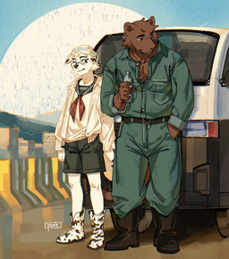 anthro big_muscles biped black_eyes brown_body brown_fur duo floppy_ears fur male muscular muscular_anthro muscular_male sailor_uniform slim_anthro slim_male standing white_body white_fur hemuchang canid canine canis domestic_dog felid mammal pantherine hi_res