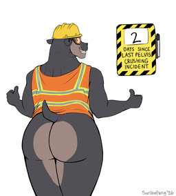 anthro armor big_butt bottomless bottomless_anthro bottomless_female butt clothed clothing countershade_butt countershading eyewear female gesture goggles grey_body hand_gesture hard_hat headgear helmet looking_at_viewer looking_back looking_back_at_viewer no_irises overweight overweight_anthro overweight_female rear_view safety_goggles safety_vest simple_background smile solo tail text thick_thighs thumbs_up topwear vest white_background workplace_nudity scribefang beneret_(scribefang) common_hippopotamus hippopotamid mammal 2026 digital_drawing_(artwork) digital_media_(artwork) english_text hi_res portrait three-quarter_portrait