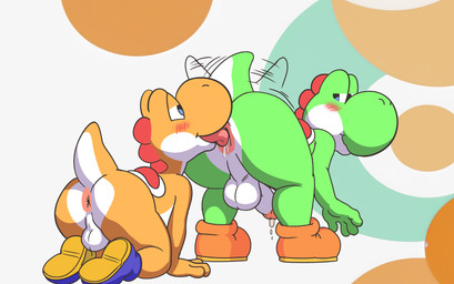 anal anthro anus balls bodily_fluids butt clothing duo feathers footwear genitals green_body kneeling looking_at_another looking_at_partner male male/male male_rimming_male oral orange_body penis perineum rimming rimming_male saliva seductive sex simple_background tail tail_motion tailwag tongue dinim mario_bros nintendo dinosaur feathered_dinosaur feathered_scalie green_yoshi orange_yoshi prehistoric_species reptile scalie yoshi absurd_res hi_res