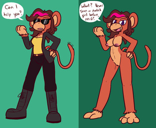4_fingers 4_toes abs anthro belt black_bottomwear black_clothing black_jacket black_pants black_topwear boots bottomwear breasts clothed clothing cute_fangs dialogue fangs feet female fingers footwear front_view frown fully_clothed fur genitals green_background grey_boots grey_clothing grey_footwear hair jacket knee_boots knee_highs legwear looking_at_viewer medium_breasts multiple_poses nipples nude open_clothing open_jacket open_mouth open_topwear orange_body orange_fur orange_inner_ear pants pink_hair pink_nipples pose pupils purple_eyes purple_pupils raised_hand red_hair shirt shoes simple_background smile smirk solo speech_bubble standing teeth text toes topwear vulva yellow_clothing yellow_shirt yellow_topwear ultilix mona_(ultilix) haplorhine mammal monkey primate 2023 english_text hi_res