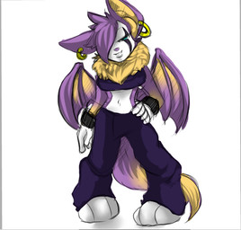 3_toes anthro biped blue_eyes breasts clothed clothing countershading ear_piercing feet female fur hair hair_over_eye looking_at_viewer membrane_(anatomy) membranous_wings midriff navel neck_tuft one_eye_obstructed piercing purple_body purple_fur purple_hair simple_background smile solo standing toes tuft white_background white_body white_fur wings yellow_body yellow_fur unknown_artist dust:_an_elysian_tail fan_character bat mammal nimbat pillarbox source_request