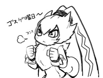 angry anthro belt blush chibi clothing fluffy fluffy_chest gloves handwear long_ears male ponytail_ears solo text uni_hkdm_gsg bandai_namco digimon digimon_ghost_game digimon_(species) lagomorph leporid mammal rabbit symbareangoramon japanese_text monochrome