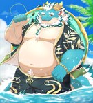 anthro beard belly blue_body bottomwear clothing facial_hair hair horn male mature_male overweight partially_submerged shorts solo swimwear water white_hair ruoain lifewonders mythology tokyo_afterschool_summoners qinglong_(tas) dragon mythological_creature mythological_scalie scalie absurd_res hi_res