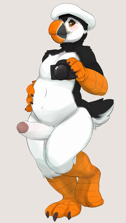 3_toes 4_fingers anthro avian_feet balls beak belly_rub beret black_beak black_body black_claws black_feathers blush border brown_eyes camera claws clothing erection feathers feet fingers foreskin genitals glans happy hat headgear headwear holding_camera holding_object humanoid_genitalia humanoid_penis male mostly_nude multicolored_beak multicolored_penis on_one_leg orange_beak orange_body orange_border overweight overweight_anthro overweight_male penis pink_glans smile solo standing tail tail_feathers talons toes two_tone_penis white_balls white_body white_feathers white_penis seth-iova gilbert_(ahnik) alcid avian bird lari puffin hi_res