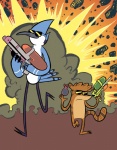 2_toes 3_toes anthro avian_feet cool_guys_don't_look_at_explosions duo explosion eyewear feathers feet male running sunglasses tail tail_feathers toes toony toy toy_gun water_balloon water_gun unknown_artist cartoon_network regular_show mordecai_(regular_show) rigby_(regular_show) avian bird blue_jay corvid jay_(bird) mammal new_world_jay oscine passerine procyonid raccoon