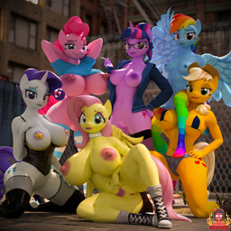 anthro areola breasts cigarette clothing cutie_mark eyelashes eyeshadow feathered_wings feathers female footwear genitals group horn legwear looking_at_viewer makeup navel nipple_piercing nipples pattern_clothing pattern_legwear piercing pubes smile striped_clothing striped_legwear stripes vulva wings forsaken_(artist) friendship_is_magic hasbro my_little_pony mythology applejack_(mlp) fluttershy_(mlp) mane_six_(mlp) pinkie_pie_(mlp) rainbow_dash_(mlp) rarity_(mlp) twilight_sparkle_(mlp) equid equine mammal mythological_creature mythological_equine pegasus unicorn 1:1 2019 3d_(artwork) digital_media_(artwork) hi_res