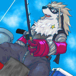anthro belt boots bottomwear bucket clothing container cooler cybernetic_arm cybernetic_limb female fishing_rod footwear fur grey_body grey_fur grey_hair hair mask mechanical_arm open_mouth pants red_eyes shoes sitting solo star white_body white_fur zipper nnn8686 bandai_namco digimon digimon_beatbreak digimon_(species) mammal wolvermon 1:1 2025 absurd_res digital_media_(artwork) hi_res