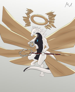 anthro blue_eyes gold_(metal) halo jewelry male pendant scales shield simple_background solo staff tail white_body white_scales wings youmadsin european_mythology mythology angel dragon mythological_creature mythological_scalie scalie western_dragon absurd_res hi_res