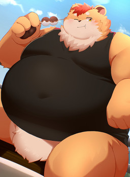anthro belly big_belly clothing eating food kemono male moobs navel overweight overweight_male shirt sitting solo topwear trail_arnak bear mammal 2026 hi_res